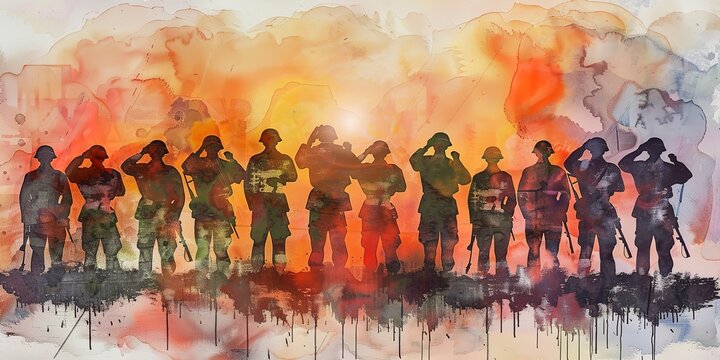 Watercolor banner, veterans saluting, faded uniforms, solemn pride, sunrise, wide honor.