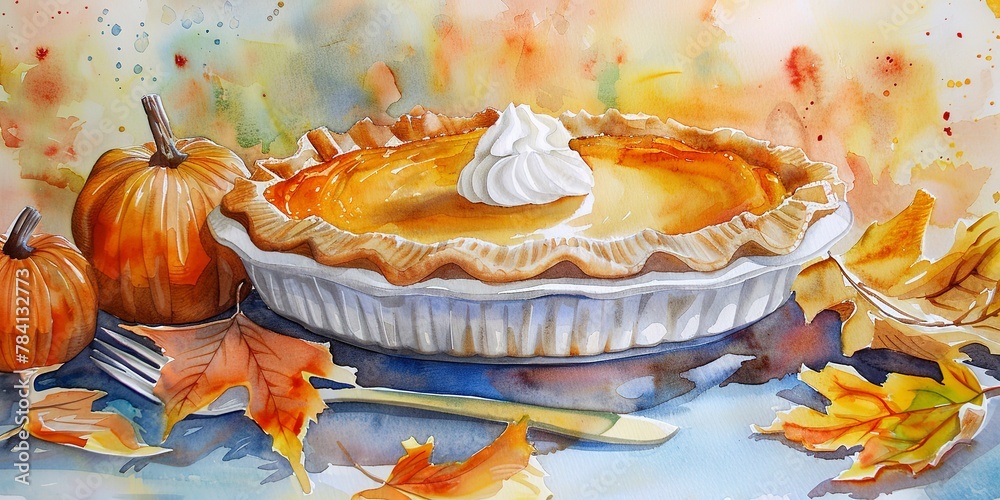 Wall mural Banner, pumpkin pie, watercolor, golden crust, whipped cream dollop, afternoon, wide, sweet tradition.