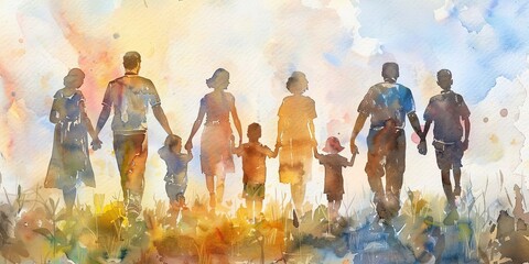 Naklejka premium Banner, family gathering, watercolor, diverse generations, soft focus, evening, wide, heartfelt reunion. 