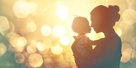 Banner, mother and child silhouette, soft pastel background, golden hour glow, wide, timeless bond. 