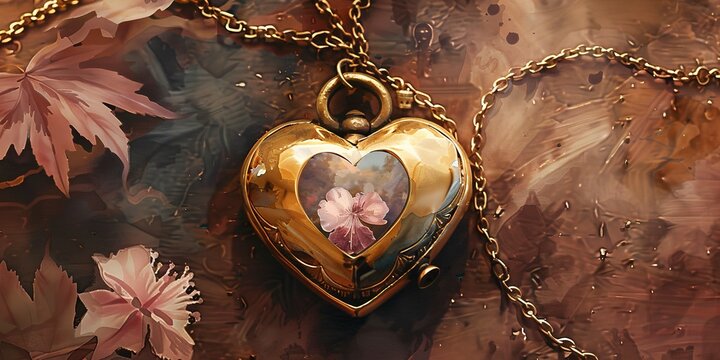 Banner, heart-shaped locket, watercolor, vintage gold, family photos inside, twilight, wide, precious memories 