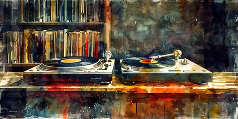 Watercolor banner, jazz records collection, vintage turntable, dusky room, night, wide, musical legacy. 