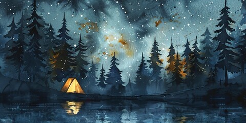 Banner, camping under the stars, watercolor, tent glow, forest silhouette, night, wide, tranquil bonding. 