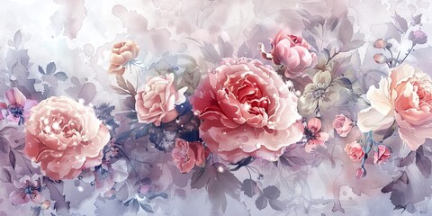 Watercolor banner, bridal bouquet, soft roses and peonies, morning dew, wide, tender elegance. 