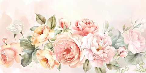 Watercolor banner, bridal bouquet, soft roses and peonies, morning dew, wide, tender elegance.