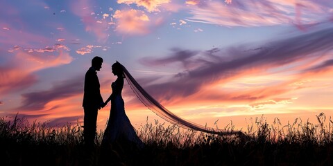Banner, wedding vows exchange, silhouette against sunset, pastel sky, wide, moment of promise. --ar 2:1 Job ID: 86c6a883-9ed0-4b3c-b2b1-d6bbed1dab29