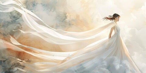 Fototapeta na wymiar Watercolor banner, elegant wedding dress, flowing fabric, soft backlight, afternoon light, wide, graceful allure. 