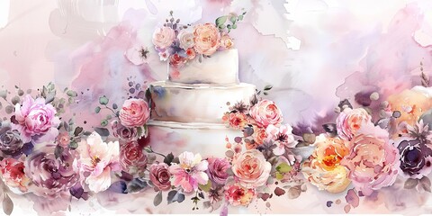 Banner, wedding cake, watercolor, delicate icing details, soft pastel flowers, evening, wide, sweet centerpiece.