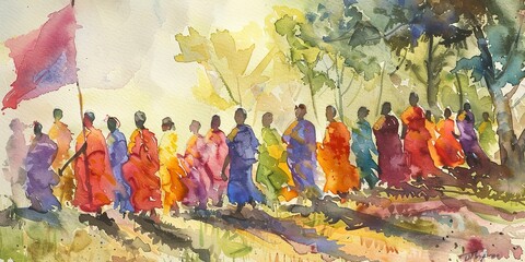 Watercolor, class procession, banner, flowing gowns, diverse faces, midday sun, wide, shared journey.