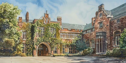 Naklejka premium Banner, old campus building, watercolor, historic bricks, ivy walls, afternoon, wide, alma mater pride. 
