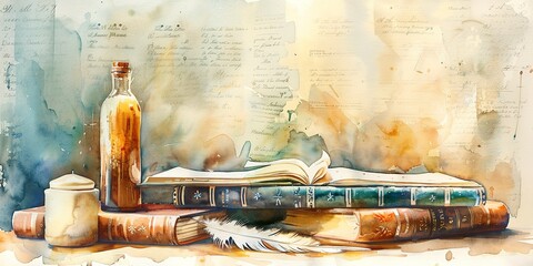 Watercolor banner, scholarly books, feather quill, soft pastels, quiet study light, wide, pursuit of knowledge. - obrazy, fototapety, plakaty
