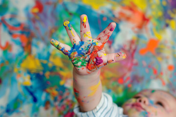 Baby's hands covered in finger paints, creating a colorful mess.