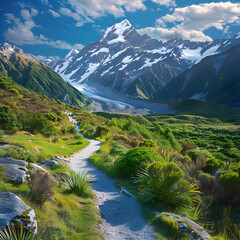 Naklejka premium The Path Least Travelled: A Journey Through New Zealand's Majestic Hiking Trails