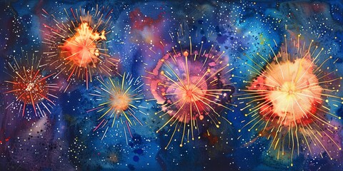 Watercolor banner, fireworks celebration, night sky, vibrant bursts, wide, joyous culmination. 
