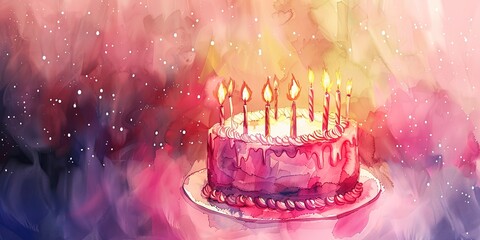 Watercolor banner, birthday cake with candles, soft glow, twilight, wide, wishful moment. - obrazy, fototapety, plakaty