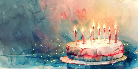 Watercolor banner, birthday cake with candles, soft glow, twilight, wide, wishful moment. 