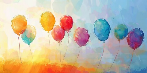 Banner, floating balloons, watercolor, rainbow hues, clear sky, golden hour glow, wide, uplifting joy. 