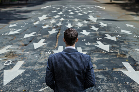 A businessman facing multiple arrows pointing in different directions, the concept of decision making