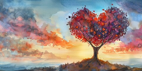 Watercolor banner, heart-shaped tree, carved initials, sunset colors, wide, natural testament of love. -