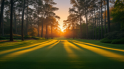 Golf course - tournament - country club - pristine - well-manicured - sunset - golden hour - links - green - fairway - tee  - obrazy, fototapety, plakaty