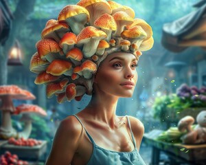 At the market, a womans head blooms with parasitic fungi, spores drifting ,