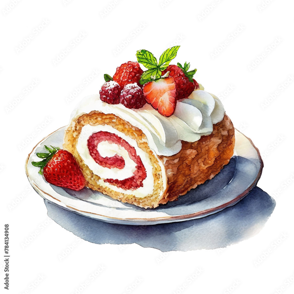 Sticker 白い画用紙に描いた苺と生クリームのロールケーキのイラスト