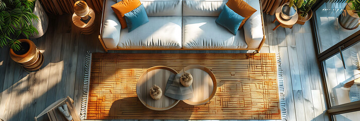 Overhead view of a coastal-inspired living room with beachy decor, hyperrealistic photography of modern interior design