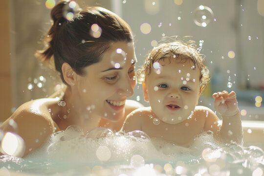 A mom and baby enjoying a playful splash in a bubble-filled bathtub.