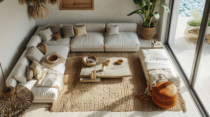 Overhead view of a coastal-inspired living room with beachy decor, modern interior design, scandinavian style hyperrealistic photography