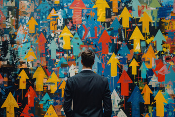 Fototapeta premium A businessman facing multiple arrows pointing in different directions, the concept of decision making
