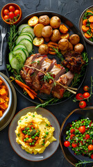 Delightful Spread of Classic New Zealand Cuisine: Roast Lamb and Veggie Sides