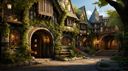 Fototapeta premium Tudor style, House Fantasy background, Creating antique design of Outdoor Spaces architecture decorate vintage concept