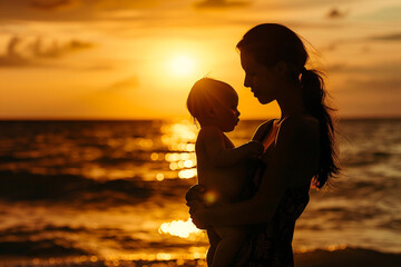 A mom and baby enjoying a beautiful sunset at the beach, with their silhouettes cast against the golden sky.