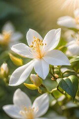 Obraz na płótnie Canvas Beautiful jasmine flowers on nature background. Soft focus.