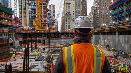 Obraz premium Construction worker inspecting construction site infrastructure development concept
