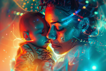 A mom and baby depicted in a futuristic, neon-infused digital art style. - obrazy, fototapety, plakaty