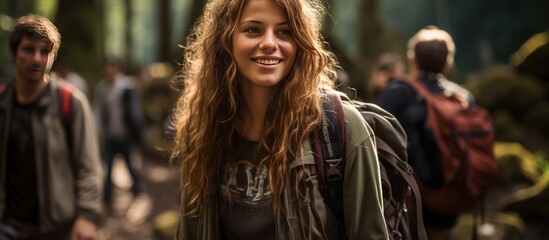 Fototapeta premium a group of young people travel together to exercise in the forest