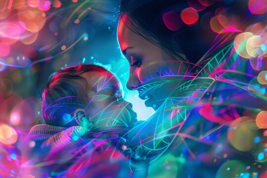 A mom and baby depicted in a futuristic, neon-infused digital art style.