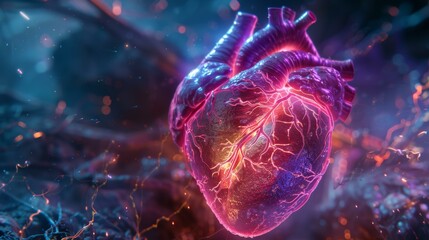 Illuminated human heart with veins in purple and blue hues, digital anatomy concept, cardiovascular health. Copy space.