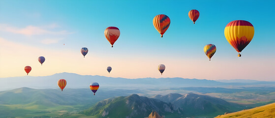 Fototapeta premium Panorama of Beautiful Colorful hot air balloons flying over mountains