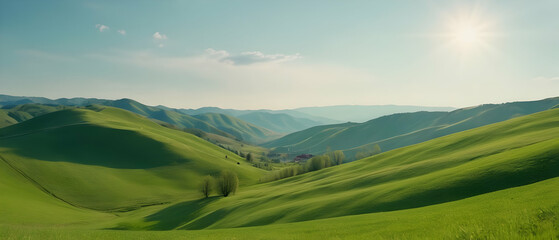 Naklejka na ściany i meble Panorama of beautiful countryside. Wonderful springtime landscape in mountains. Grassy field and rolling hills. Rural scenery
