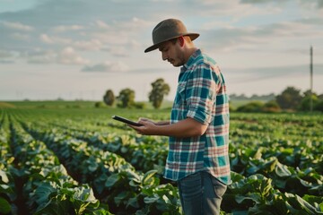 Man in plaid shirt and hat using tablet in green field during sunset. Copy space. - Powered by Adobe