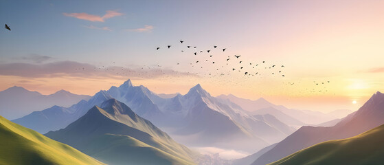 Panorama of Beautiful misty mountains with gentle slopes and flock of birds in sunrise sky - obrazy, fototapety, plakaty