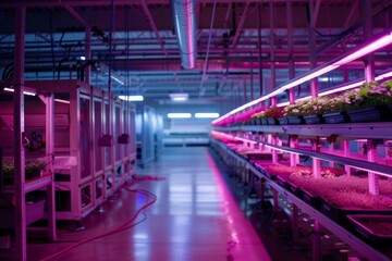 Indoor farm with LED grow lights, hydroponic shelves with plants, agriculture technology.