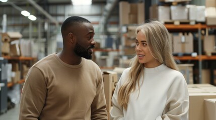 Two colleagues chatting in a warehouse, diverse team, modern logistics center. Warehouse co-workers engaging, multicultural teamwork, industrial setting interaction.