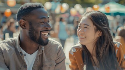 Happy interracial couple laughing together at a vibrant outdoor festival - Powered by Adobe