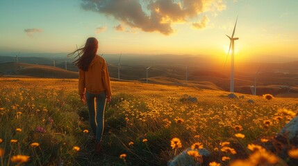 Young woman enjoying sunset in wildflower field with wind turbines in background, renewable energy and nature harmony concept, tranquil landscape. Copy space.