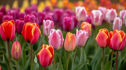 Colorful tulip field in bloom, vibrant floral background, springtime blossoms, nature's beauty, or gardening and horticulture concept.