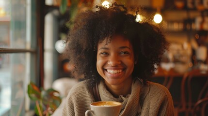 Joyful young woman enjoying a cup of coffee in a cozy cafe atmosphere
