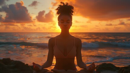 Silhouette of serene woman meditating on beach at sunset, mindfulness and tranquility concept, relaxation and yoga practice, wellness and inner peace, coastal meditation.